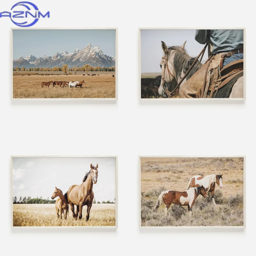 AZNM Wildlife Wall Art Western Country Rustic Print Buffalo Bull Elk Cowboy Horse Yellowstone Bison Canvas Painting Home Decor