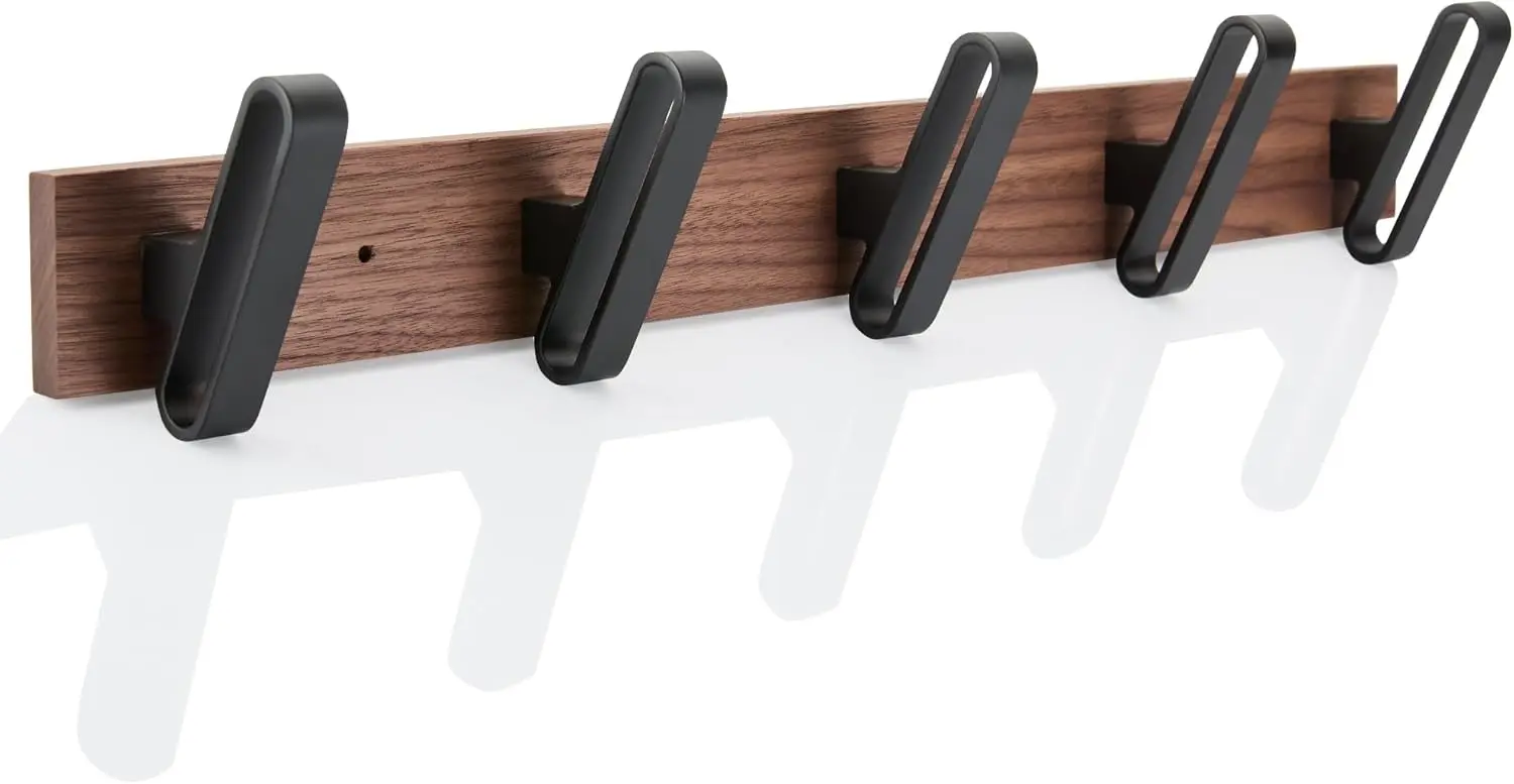 

Coat Rack Wall Mounted, 19.69 Inch Solid Walnut Wood Wall Mount Coat Hooks with 5 Black Metal Hooks for Hanging Clothes
