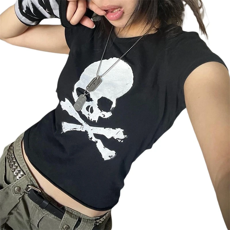 Vintage Grunge Graphic Print Short Sleeve T-Shirt Y2k Slim Crop Top Gothic Skull Punk Streetwear Women's Tee Summer Casual 90s