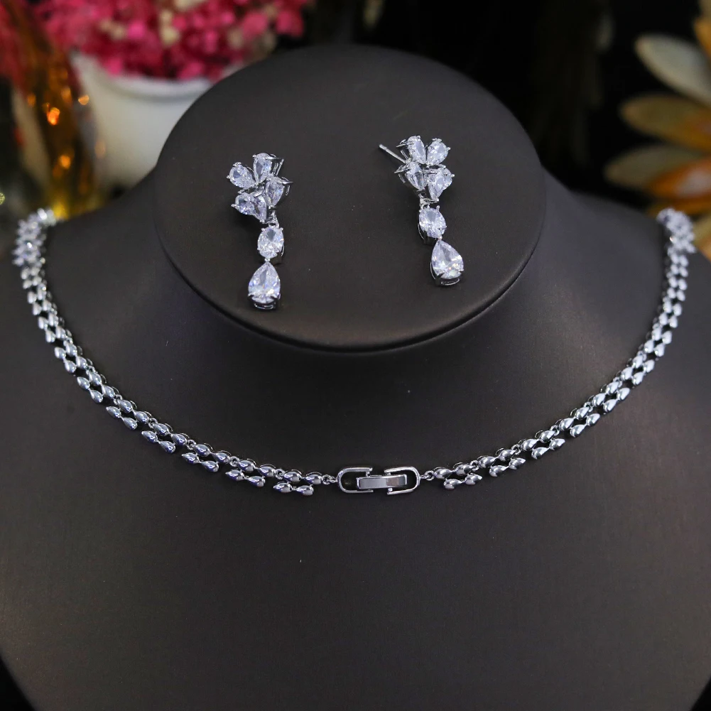 ASNORA New Design Luxury Cubic Zirconia Water Drop Necklace Earrings Set for Women High Quality Wedding Party Dress Jewelry