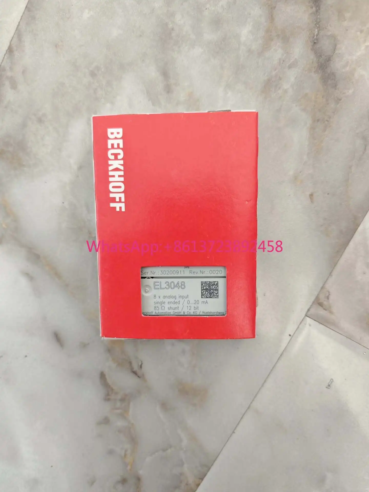 Beckhoff EL3048 module, 8 analog inputs, single port, 0-20mA, 85 ohm shunt resistor, 12-bit resolution