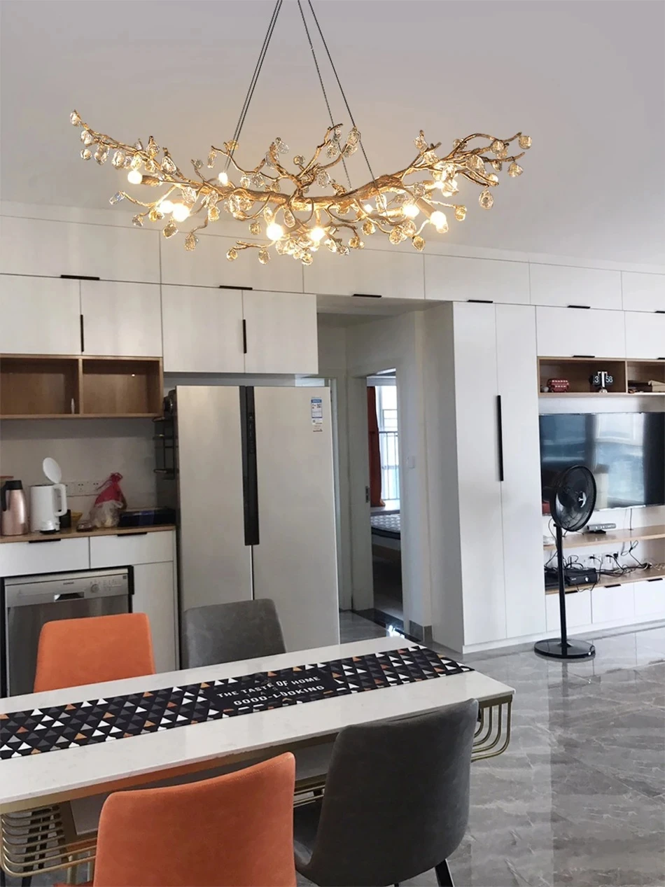 

Art Design Copper Chandelier Modern Crystal Stone Plafondlamp Living Decoration Led Dining Room Suspension Luminair Villa Lights