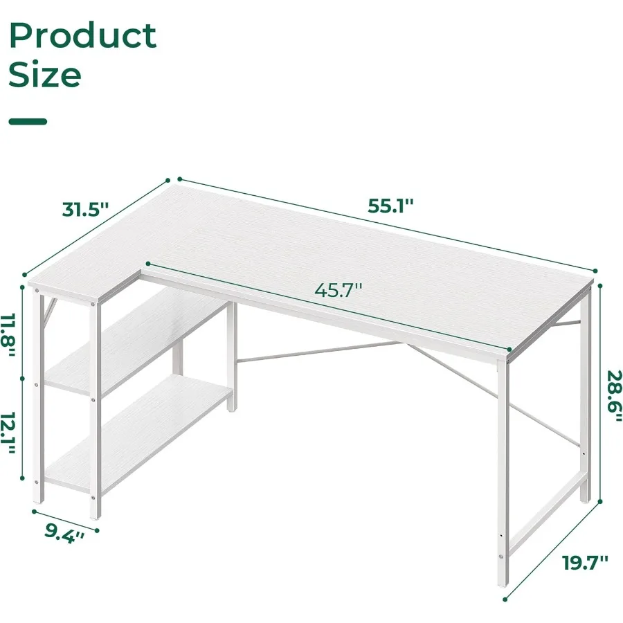 مكتب كمبيوتر على شكل حرف L مقاس 55 بوصة مع أرفف تخزين قابلة للعكس لزوايا الألعاب والمكتب المنزلي ودراسة الكتابة المعدنية المتينة