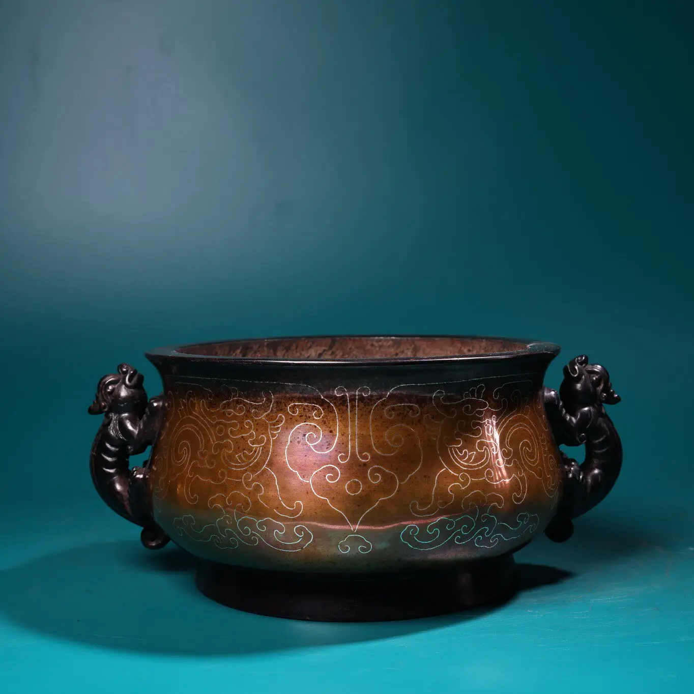 Handmade Purple Copper Incense Burner High Relief Chiseled Twisted Silver Wire Heavy Patina Decor