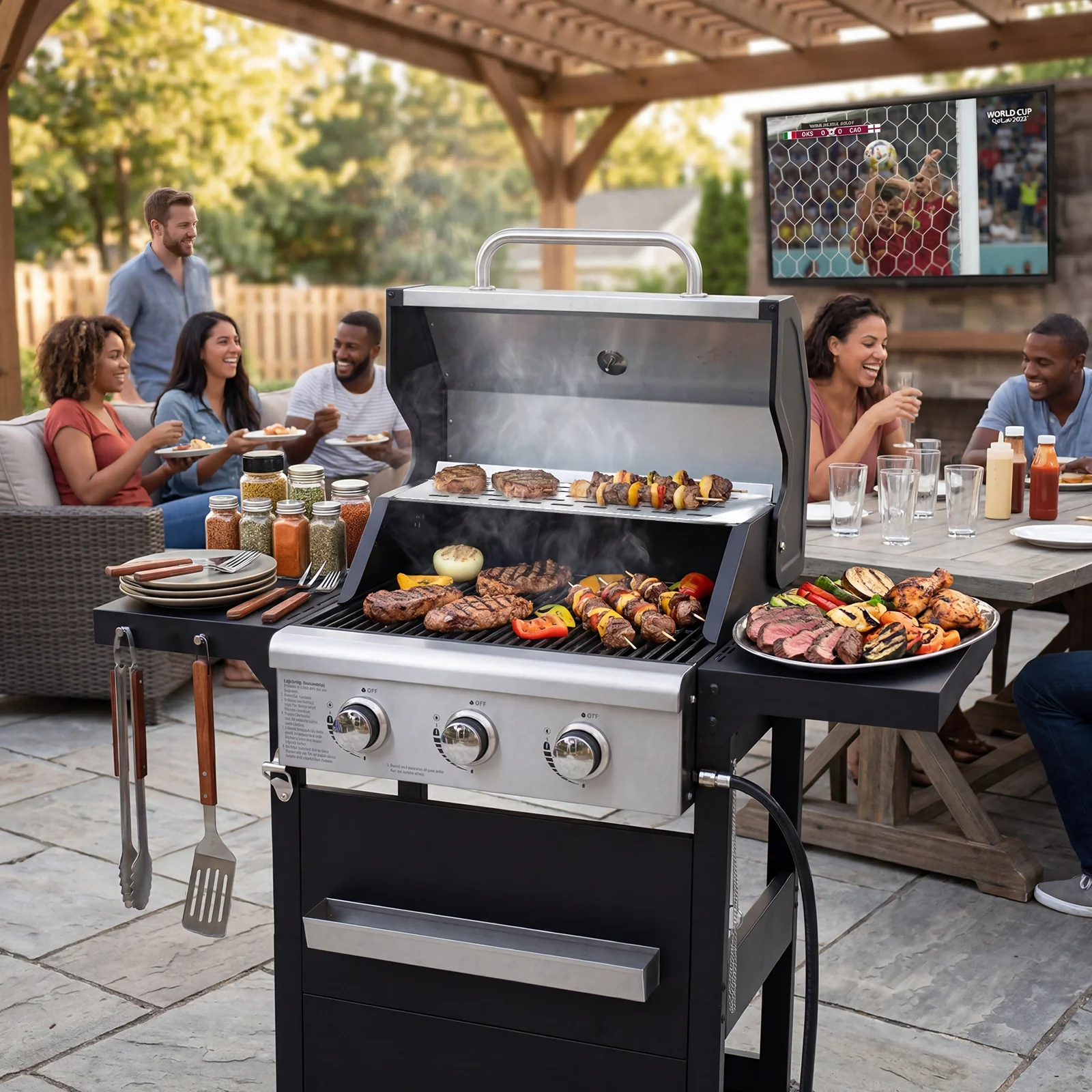 27,000 BTU 3-Burner BBQ Grill with Cover – Double-Layer Stainless Steel Lid, Grates, 2 Built-in Shelves & Side Wheels – For Outdoor Patio & Terrace Barbecue