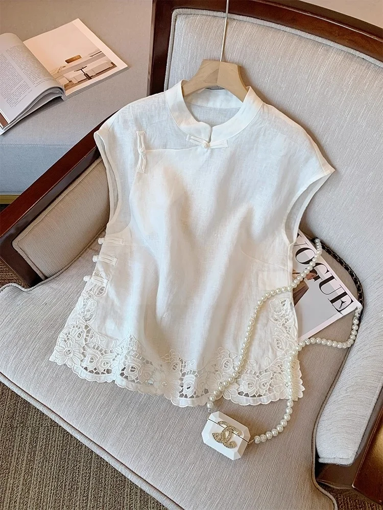 

Новый белый женский льняной топ-жилет в китайском стиле с вырезами, высококачественный, в традиционном национальном стиле