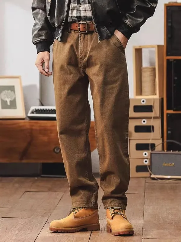 

Американские джинсы в стиле ретро больших размеров, мужские повседневные брюки прямого кроя, весенне-осенние универсальные удобные рабочие брюки