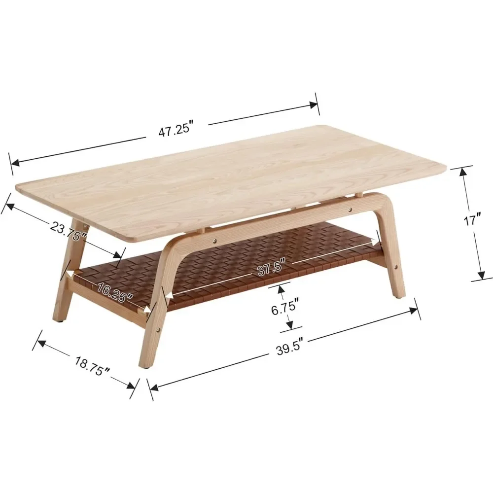 Mesa de café de madeira para sala de estar, 2-camada, mesa retangular com prateleira tecido pu, mesa central mesa retangular com pernas trapezoidais