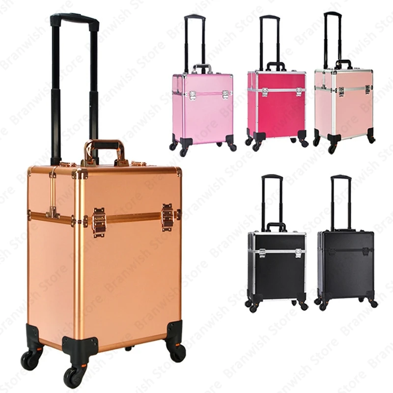 

Professional Makeup Train Case Rolling Cosmetics Case Portable Colored Nail Makeup Storage Organizer Box Trolley Makeup Carrier
