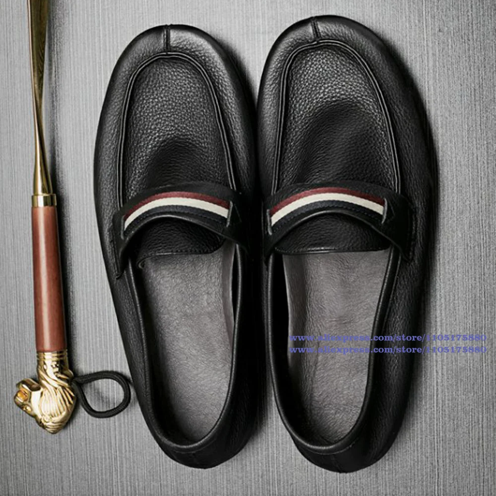 

Black Leather Men's Loafers Round Toe Slip-On Flats Soft Sole Soft Leather Wear-Resistant Solid Color Shoes Handmade Men's Shoes