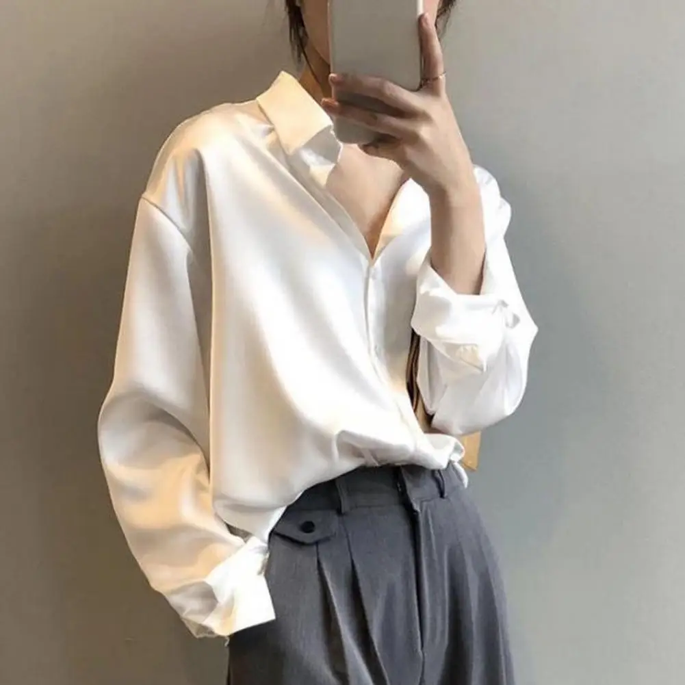 Autumn Fashion Button Up Satin Silk Shirt Spring Vintage Blouse Women White Lady Long Sleeves Female Loose Street Shirts