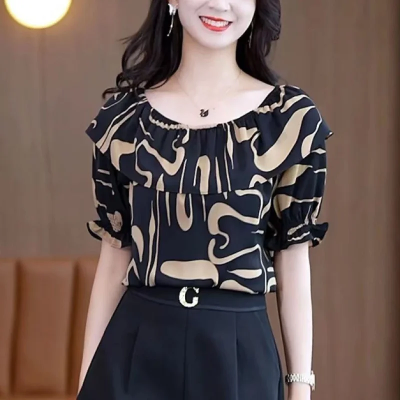 

2024 Summer new Women's pullovers slash neck Spliced Ruffles short Sleeve chinese style Fashion Loose Printed Chiffon Tops