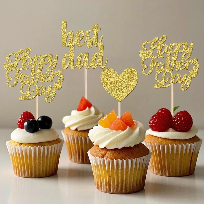 NUBECOM 24 Uds. De adornos para tarta con purpurina, adornos para magdalenas felices para el Día del Padre, el mejor corazón de papá, selecciones para magdalenas del Día del Padre, decoraciones para pasteles