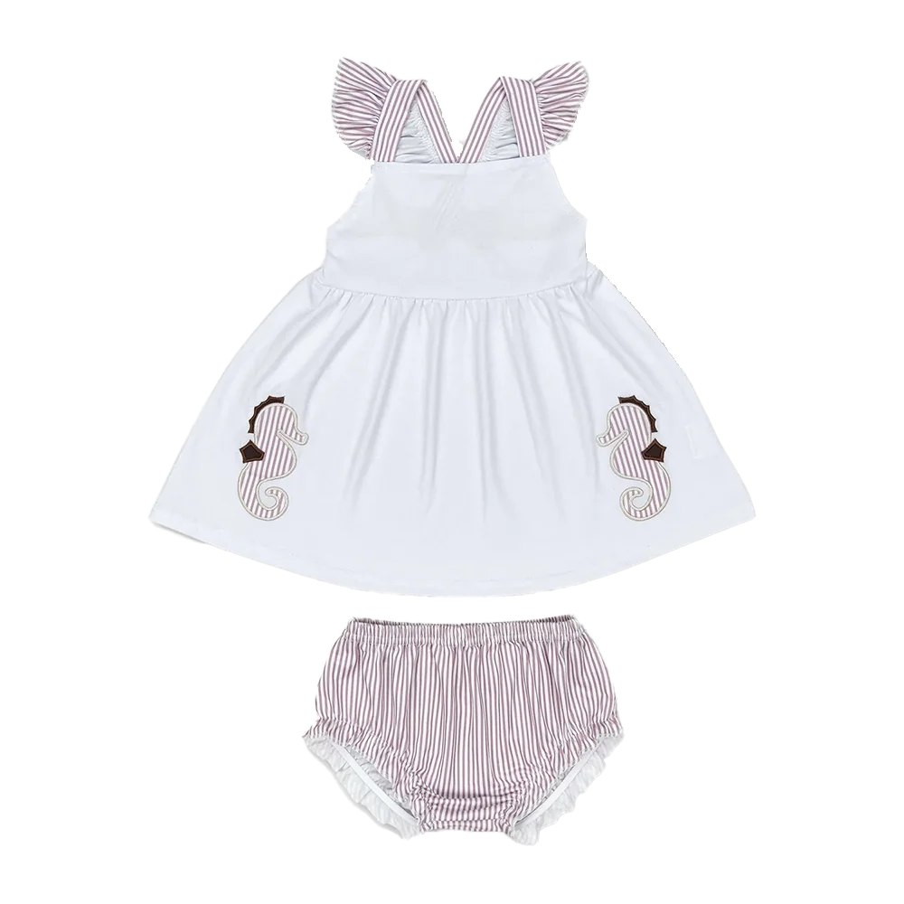 

Baby Girls White Seahorse Tunic Stripe Bummies Comfortable Cotton Outfit Baby Girl's Clothing Set