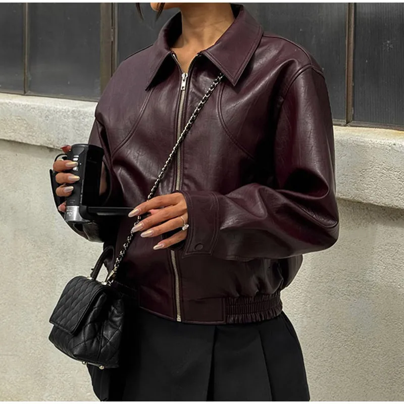 

Vintage Wine Red Loose Short Leather Jacket Women Fashion Lapel Long Sleeves Zipper Cropped Coat 2025 Autumn Lady Street Outwear