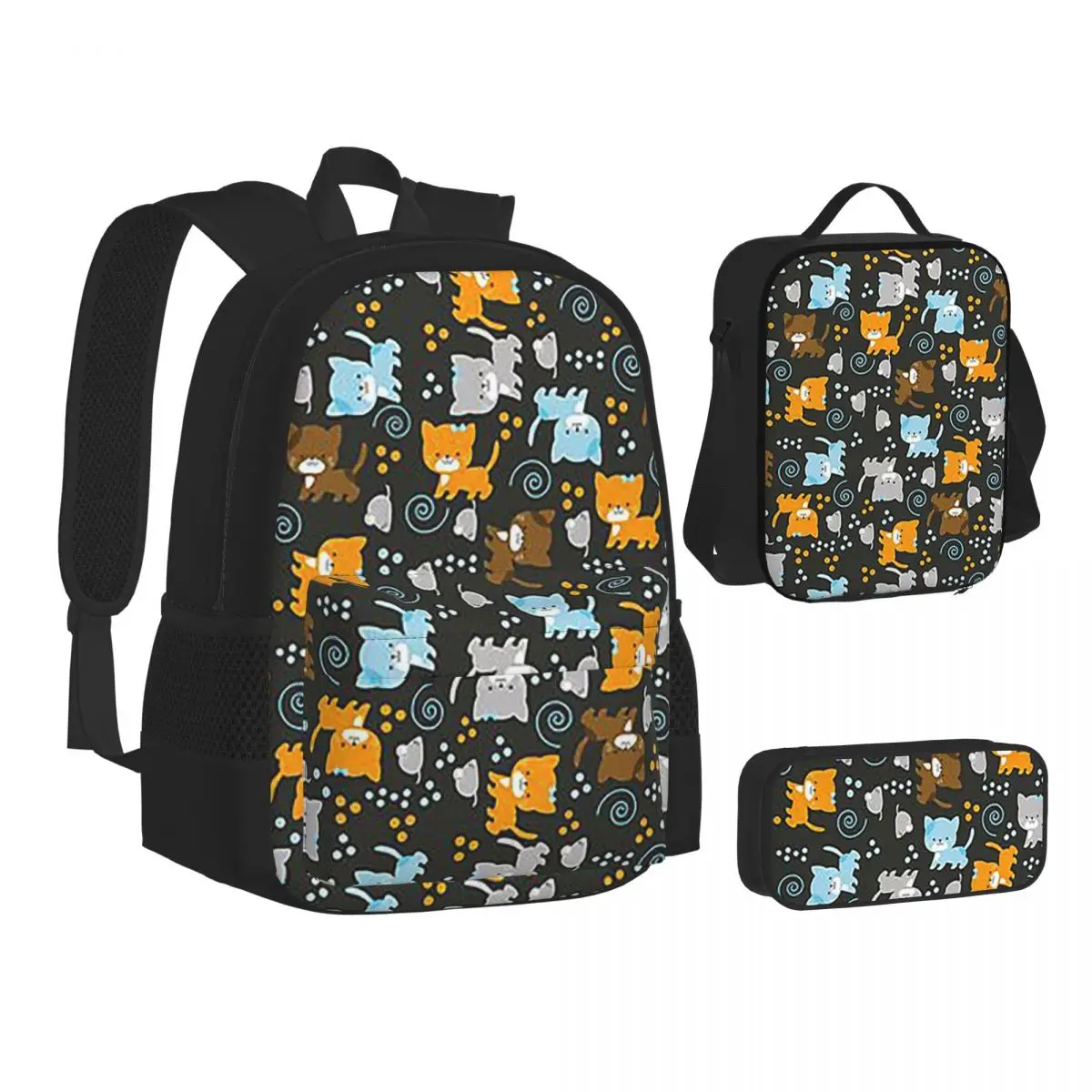 

Gray Ginger And Siamese Kittens Cats BackpacksStudents School Bags Kids Rucksack Lunch Bag Pen Bag Three-Piece Set
