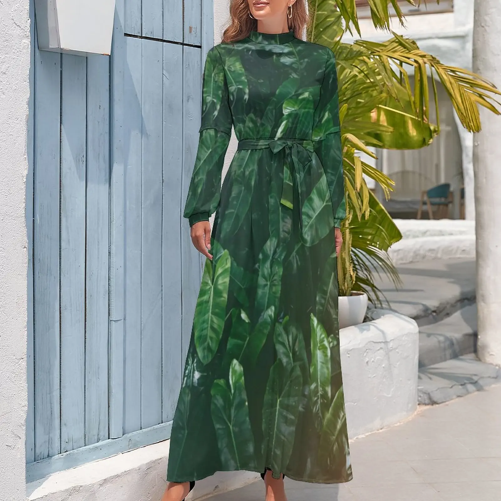 Tropical Leaves Dress Elegant Palm Leaf Print Stylish Boho Beach Dresses Women Long Sleeve High Neck Sexy Long Maxi Dress