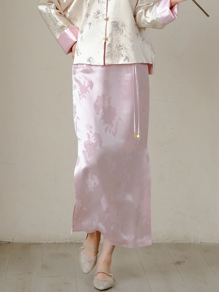 

Нежная мягкая розовая юбка миди из ацетата с вышивкой, прямого кроя, весна-лето, в китайском стиле, женская модная одежда