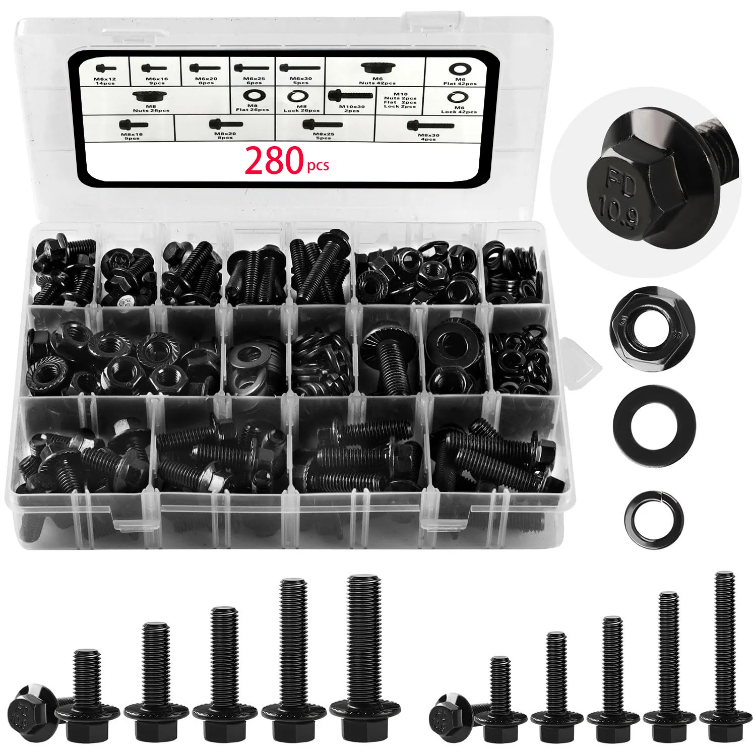 252/280/272pcs M6M8M10 Flange Hex Head Bolts Nuts Washers Kit Class 10.9 Alloy Steel Black Zinc Plated Metric Flanged Hex Screws