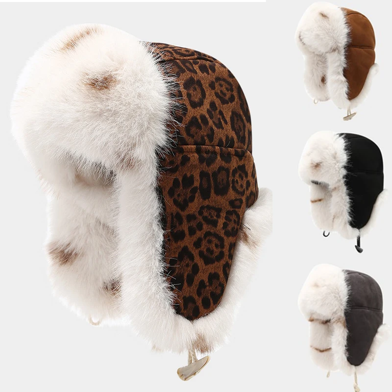 

New Fashion Personalized Leopard Print Plush Flying Cap Men Women Winter Trendy Warm Outdoor Riding Ear Protection Bomber Hats