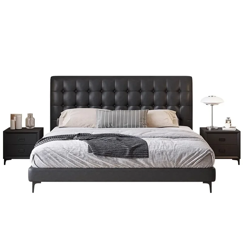 Italiaans minimalistisch leren bed, modern minimalistisch hoofdslaapkamerbed, Frans retro
