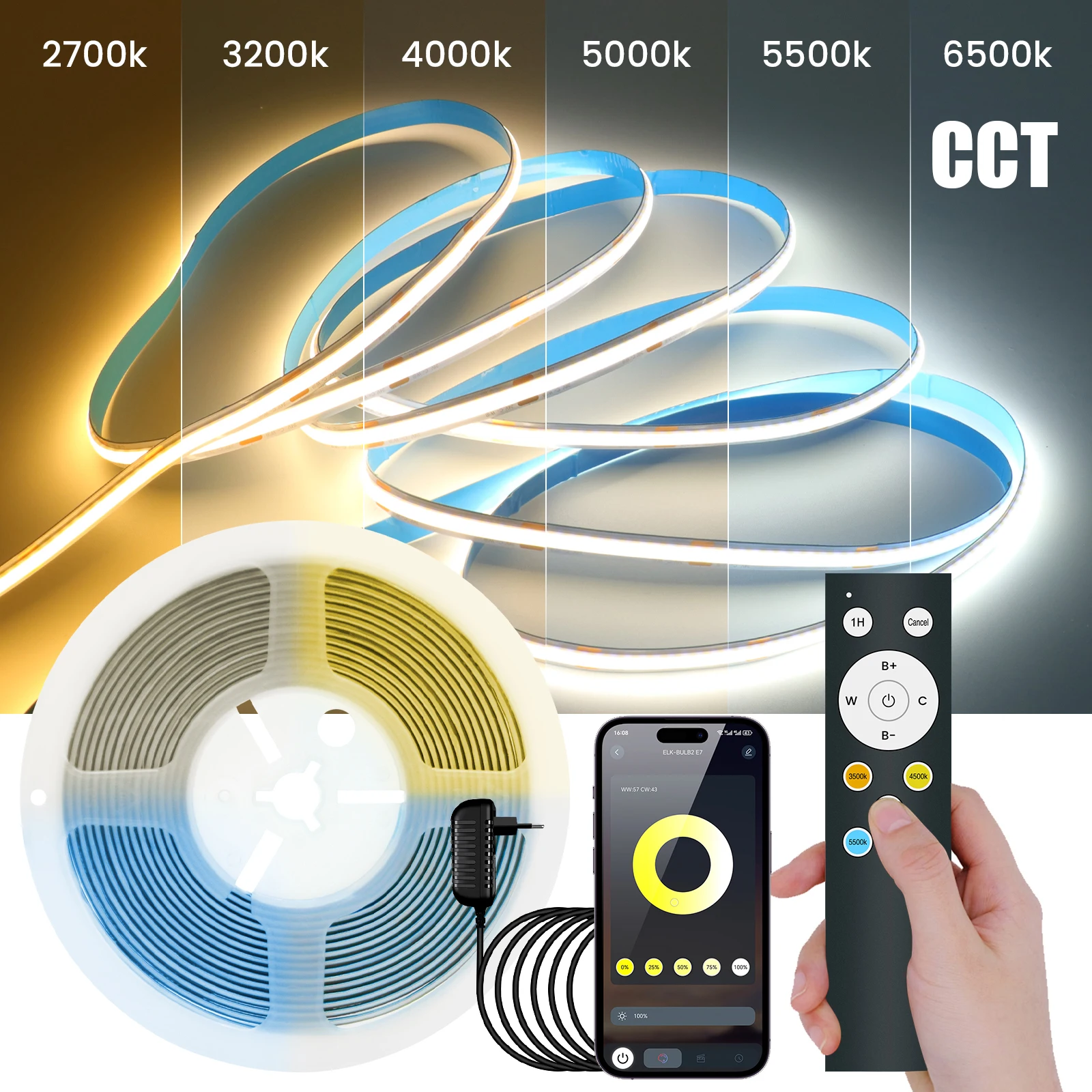 تيار مستمر 24 فولت CCT COB LED مجموعة الشريط مع محول الطاقة 17 مفتاح RF/بلوتوث APP التحكم شريط مرن ضوء 2700K 3000K 4000K 6000K