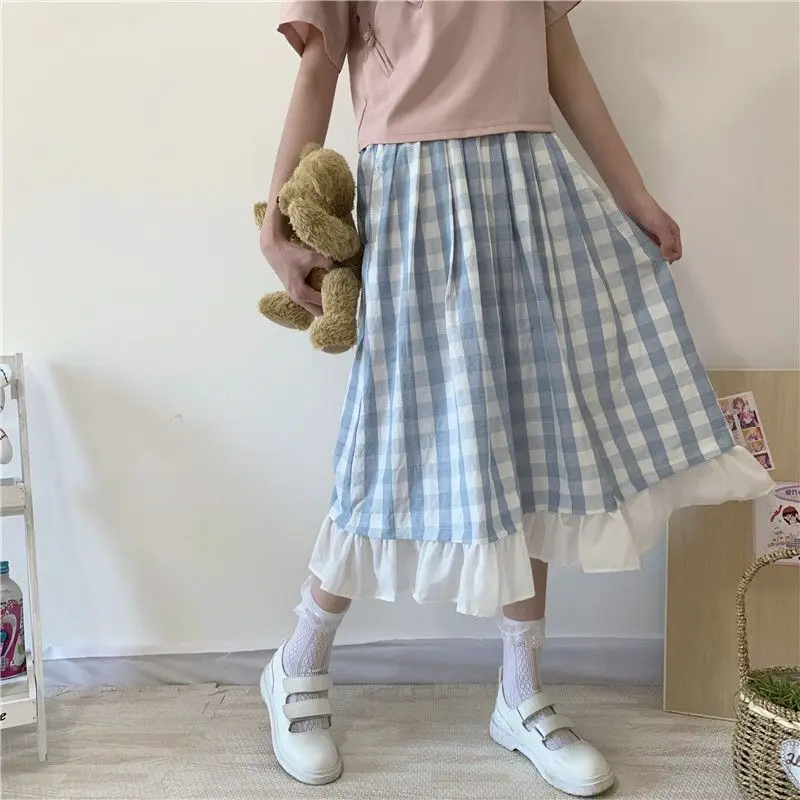 Plaid Loose Midi Skirts Women Sweet Girls Summer Classic Gentle Ruffles Vintage Ulzzang Literary High Waist Chic A-line Harajuku