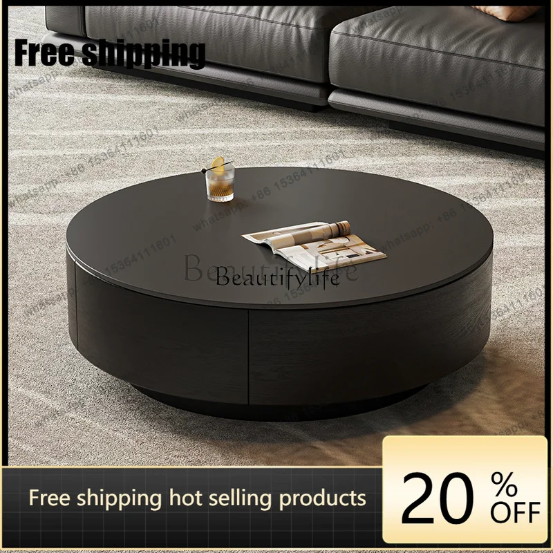 Italian Style Black Solid Wood Coffee Table Living Room Home Small Apartment Minimalist Round Tea TableFactory Direct