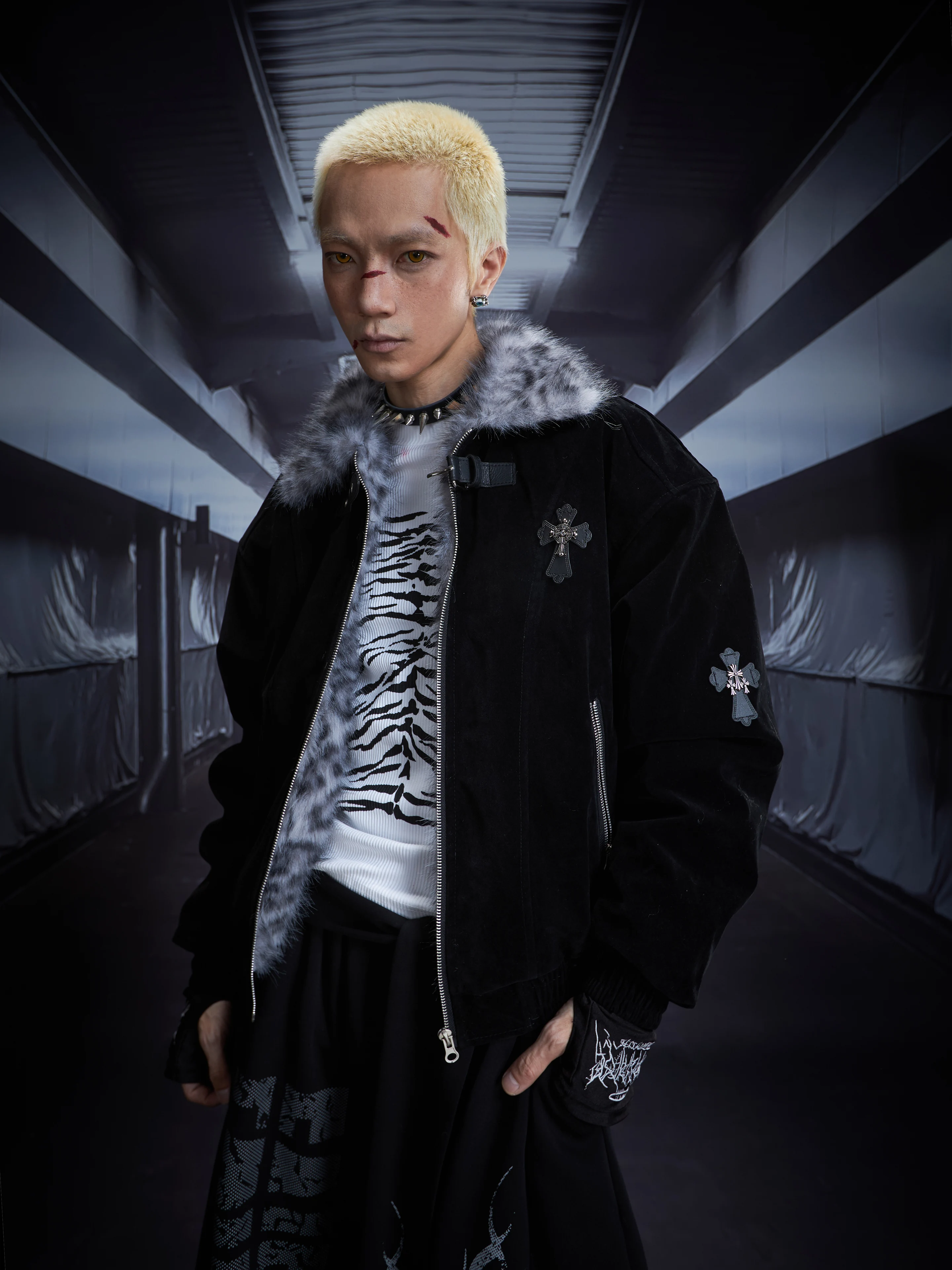 Leopard Fur Stitching Lapel Zipper Belt Thick Quilted Jacket Coat Cotton-Padded
