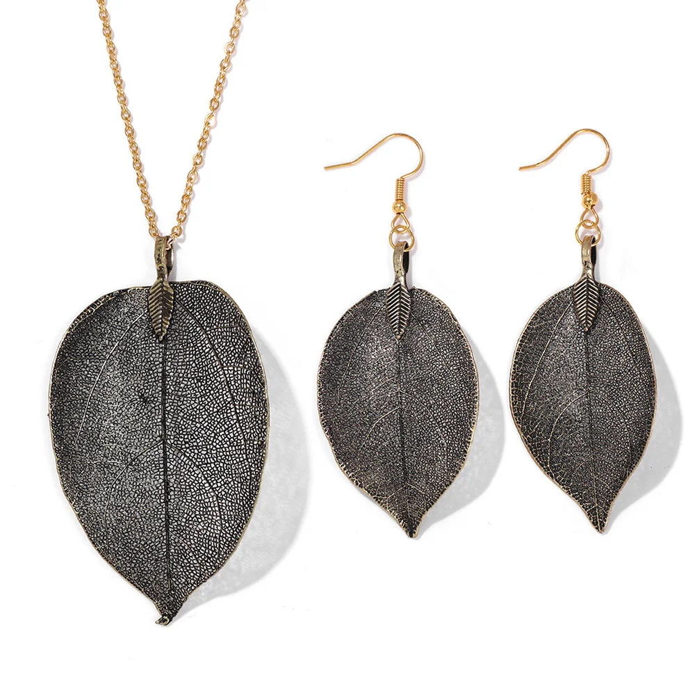 Women's Electroplated Gold Leaves Necklace & Drop Earrings Set