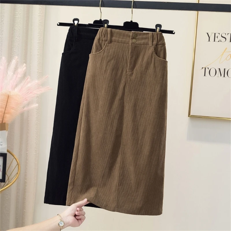 

Elastic High Waist Midi Skirts for Women 2023 Fall Winter Pencil Skirt Corduroy A Line Skirt Casual Long Skirt with Slit 066C