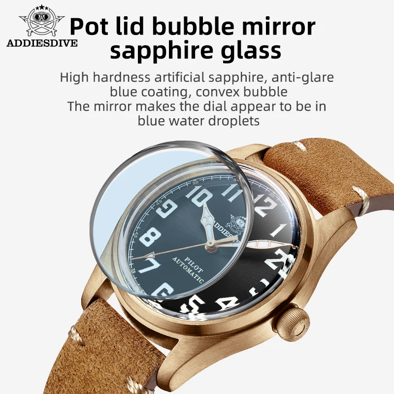 ADDIESDIVE CuSn8 Bronze watch Men\'s Automatic Watch 200M Waterproof Bubble Mirror Pot Cover Glass Watch 39mm Men Watches