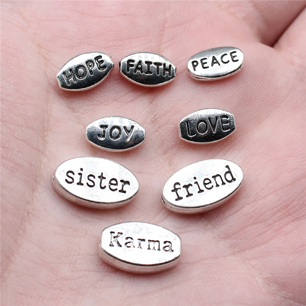 40pcs Antique Silver Color Oval Double Sided Sister Friend Hope Faith Peace Love Joy Small Hole Spacers Beads For Jewelry Making