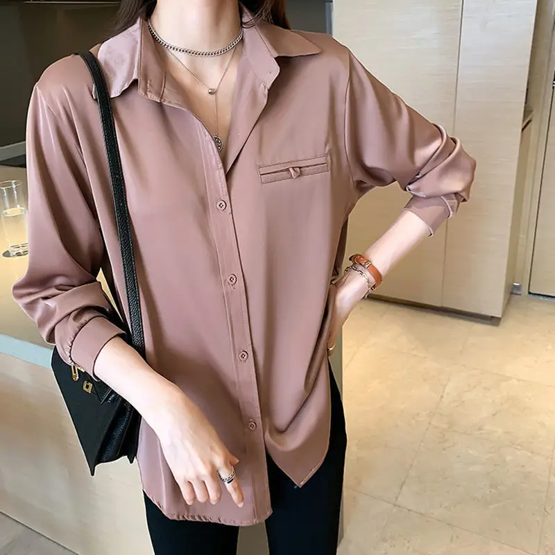 White Shirt for Women Spring Autumn New Large-size Design Top Loose Satin Base Shirt