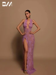 Illusion Halter Party Prom Dress With Split Beaded Lace Evening Gown Shiny Women Sexy Dresses Customized Vestido De Novia