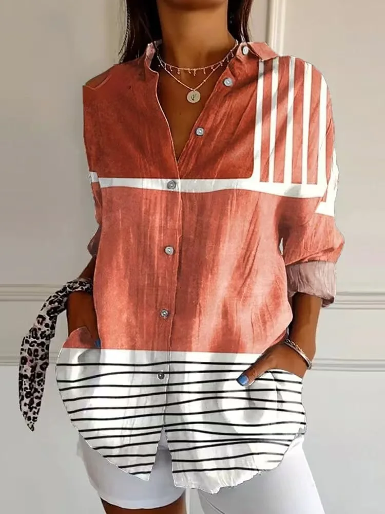 2025 new women's shirts Summer European and American trendy long-sleeved shirts with printed 3D shirts with floral patterns