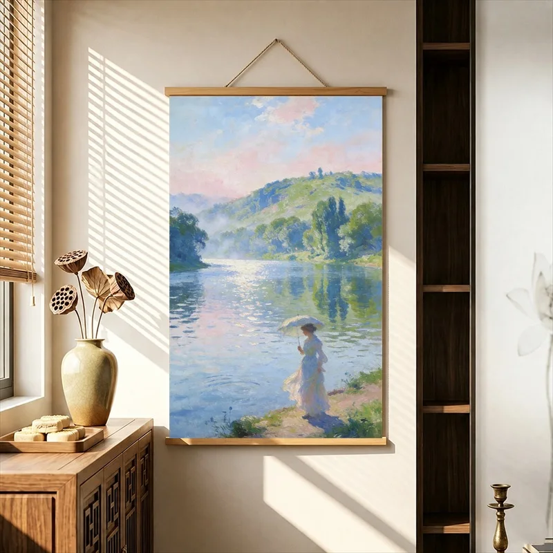 Wall Art Pastel Lakeside Gardens in Gentle Light, Soft Landscape Pearlescent Canvas Wall Hanging Scroll for Boutique Guesthouse