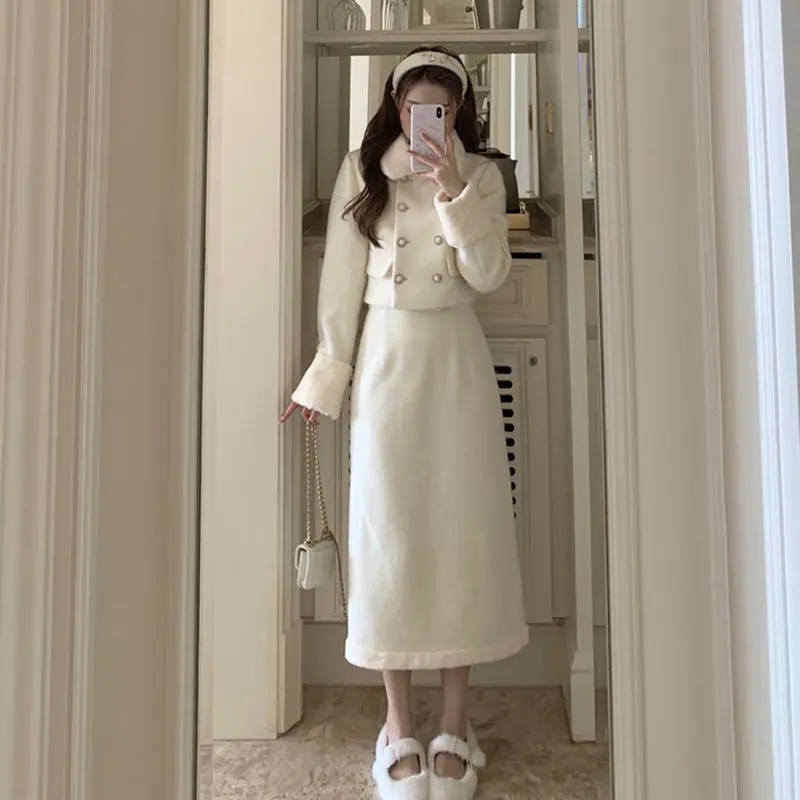 Korea Women Skirt Suit Two-Piece Set Cashmere Tweed Plush Splicing Long Sleeve Short Blazer Coat Elegant High Waist Half Skirt