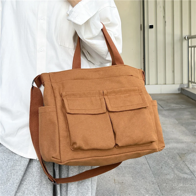 Casual Canvas School Bag For Women Versatile Large Capacity Messenger Bag Female Military Green Travel Shoulder Handbag Tote Bag