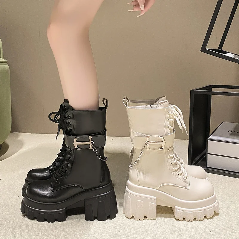 9CMChunky Platform Mid-Calf Boots Women New Autumn Winter Motorcycle Boots Woman Thick Bottom Non Slip Leather Combat Boots