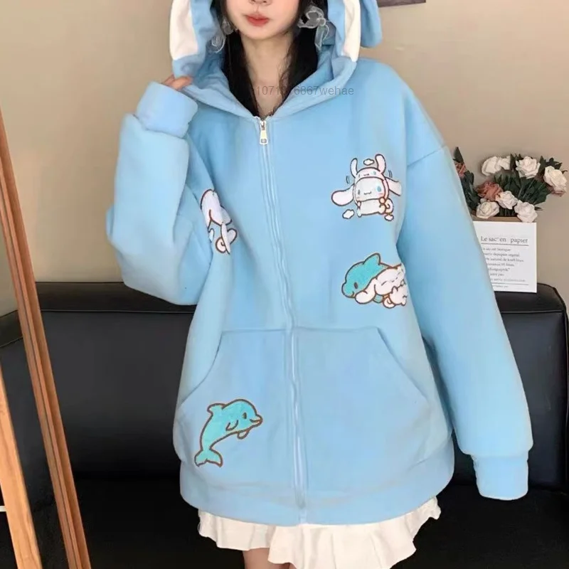 Sanrio Cinnamoroll Printed Hooded Sweetheart Women\'s Cute Autumn and Winter New Loose Korean Coat Zipper Cute Cartoon Jackets