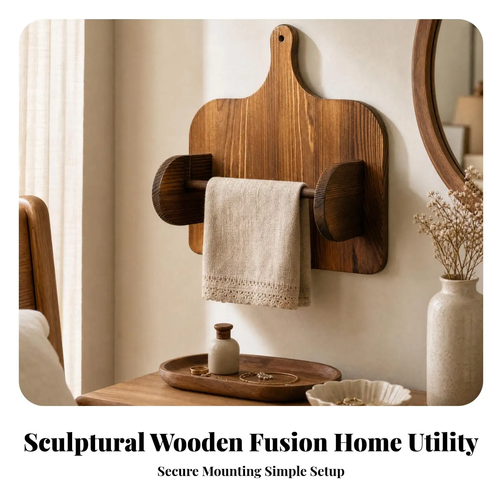 Natural Wood Toilet Paper Roll Holder Wall Mounted Bathroom Tissue Rack with Hanging Tab for Bedroom Entryway Decor