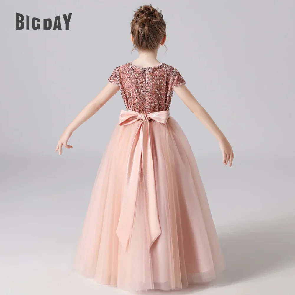 Elegant Girl Dresses O-Neck Short Sleeves Pleat Sequined Bow Zipper Back Belt Tulle Kids' Dresses For Formal Party Customized