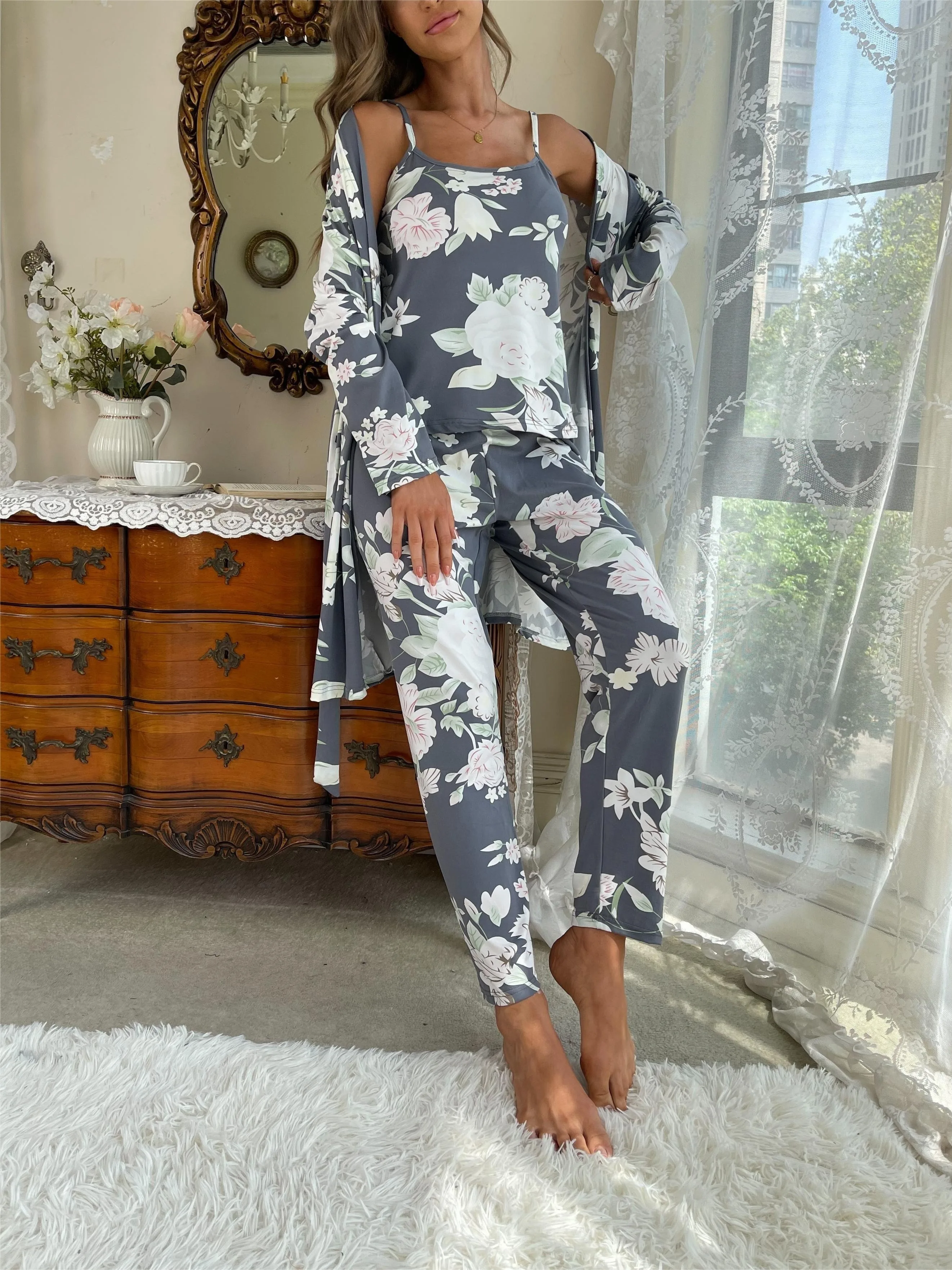 Women\'s Sleepwear Lounge Wear 3 Pcs Women Pajamas Set  Floral Printed Sleepwear Cami Top&Long Pants with Bathrobe Dressing Gown