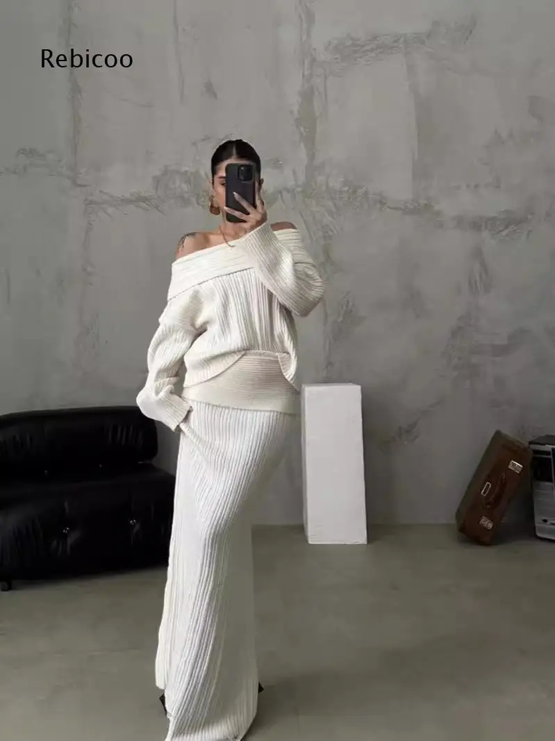 Off Shoulder Ribbed Knit Co ord Sets For Women Oversized Long Sleeve Sweater High Waist Maxi Skirt Casual Daily Outfit