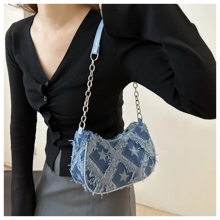 Damen-Tragetasche mit Sternmuster, blauem Distressed-Design, goldfarbene Hardware, stilvolle Handtasche, Umhängetasche für den täglichen Gebrauch – Detail 15