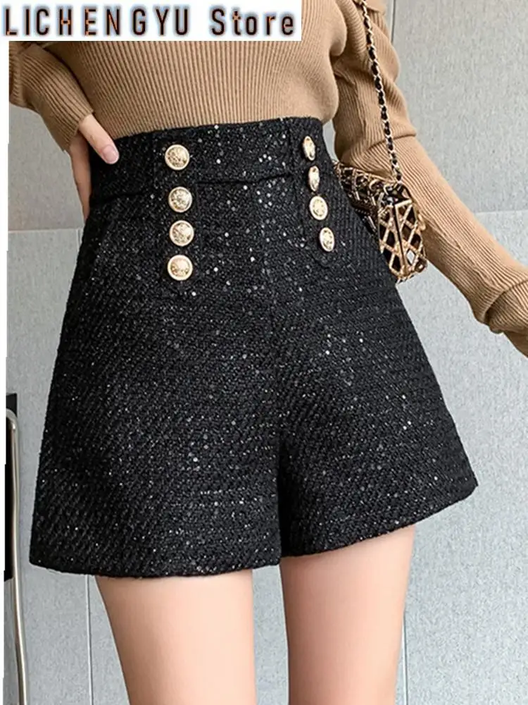 Short en laine à paillettes à double boutonnage pour femme, pantalon à jambe large, bottes d'extérieur minces, version coréenne, automne et hiver, nouveau