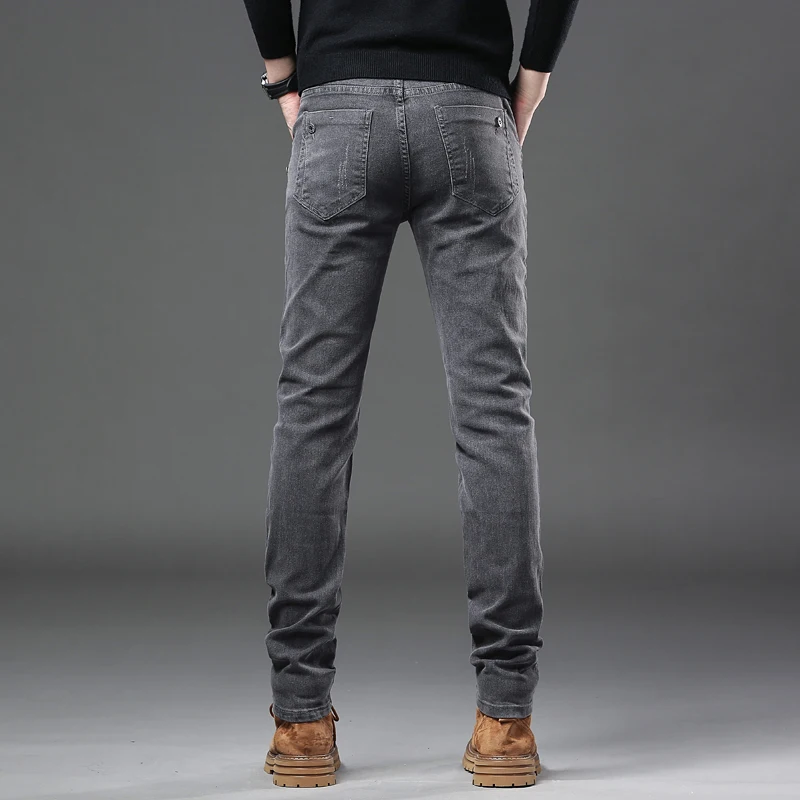 New Pure Gray Korean Slim Jeans Men's Stretch Tight Trendy Jean Trousers Branded Streetwear Comfortable Man Clothing Pants