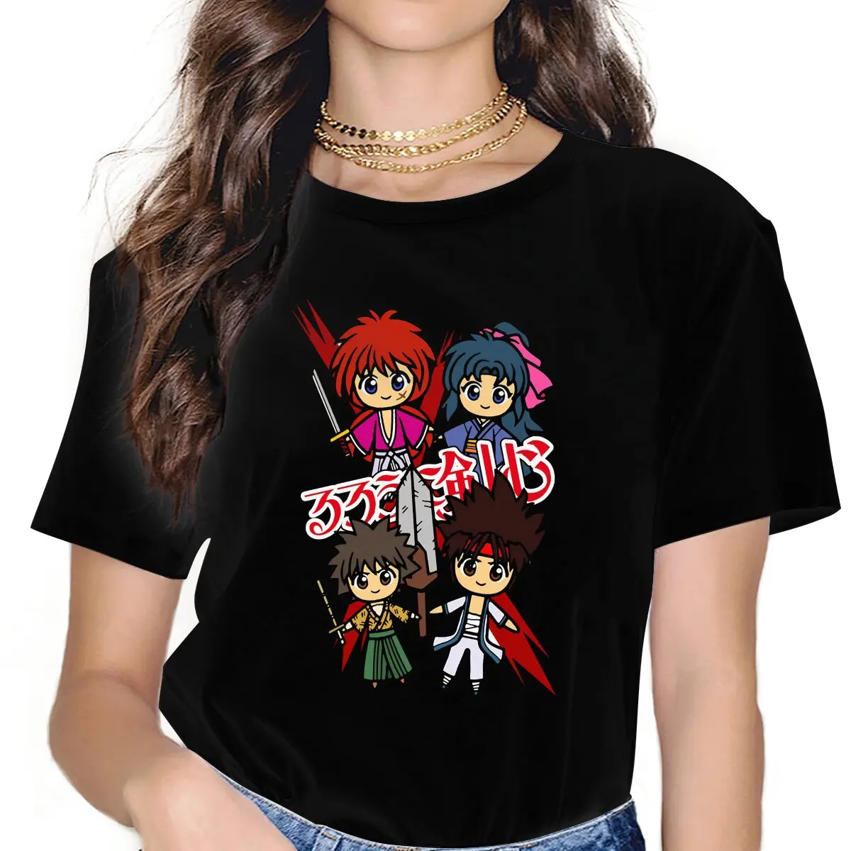 Women's Chibi Samurai X Classic T Shirt Rurouni Kenshin Manga Tops Humorous Short Sleeve Round Neck Tees Adult T-Shirts