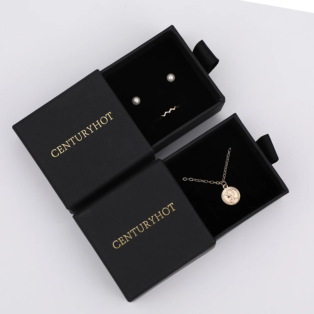 

6x6x3.5cm Black Jewelry Paper Box, Personalized Drawer Package Box Bracelet Earrings sliding jewelry box With Logo